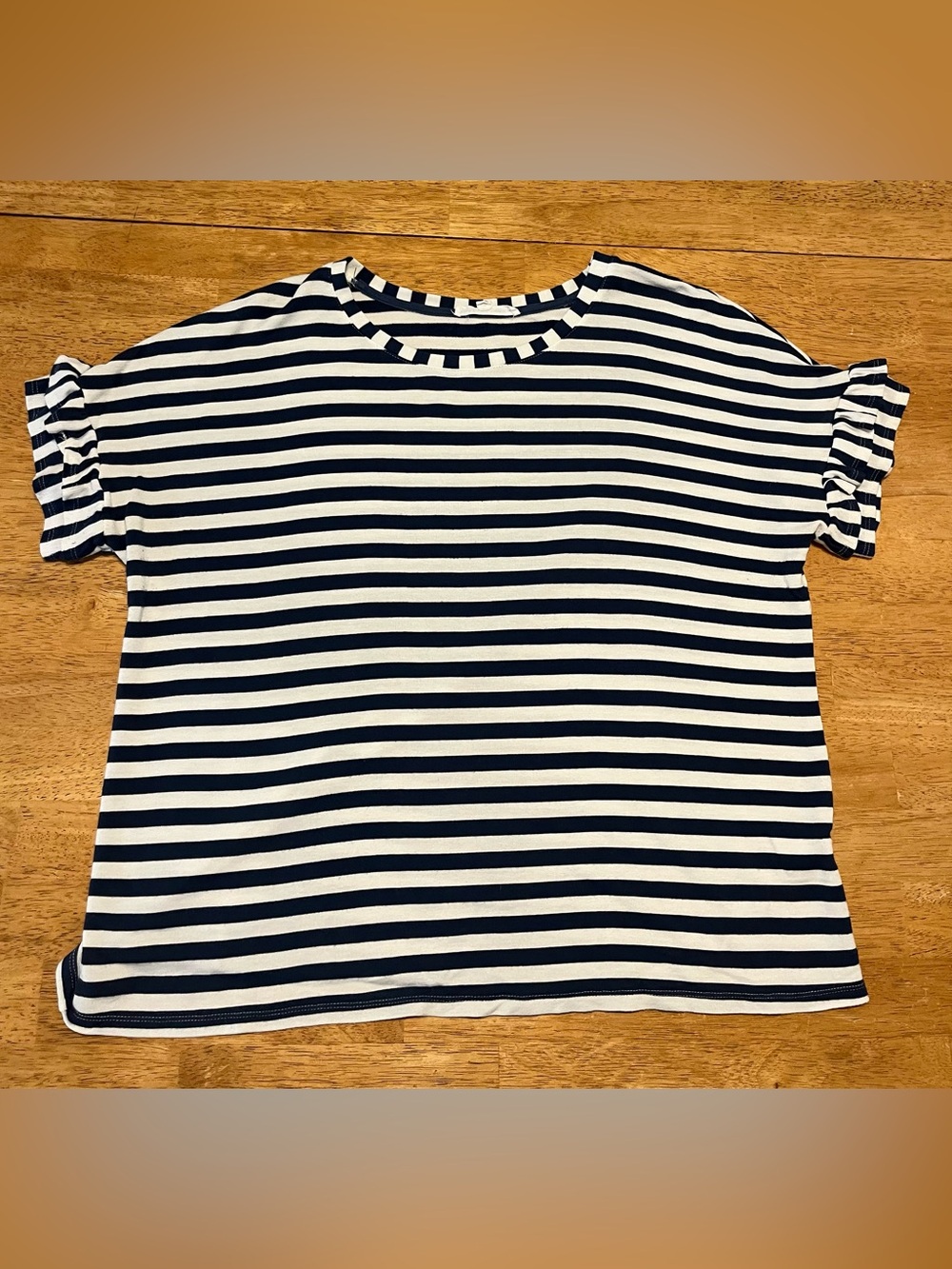 Jane & Delancey Striped Navy & White Ruffle Sleeve Top Crewneck XL GUC